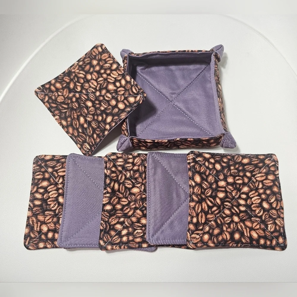 Handmade Cotton Coffee Print Washable Reversible Set Of 6 Coasters